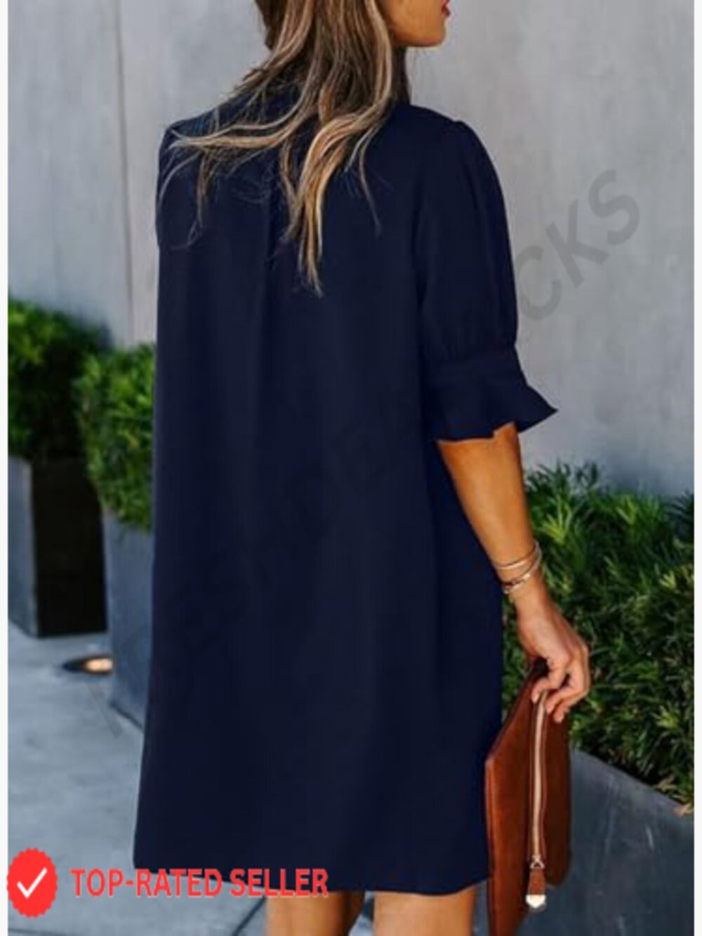 V-Neck Ruffled Sleeve Shift Dress Lightweight Polyester Casual Summer Chic - Picture 3 of 7